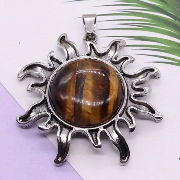 Tiger Eye Natural Stone Sun Shaped Pendant Necklace Healing Gemstone Pendant - Picture 3 of 4